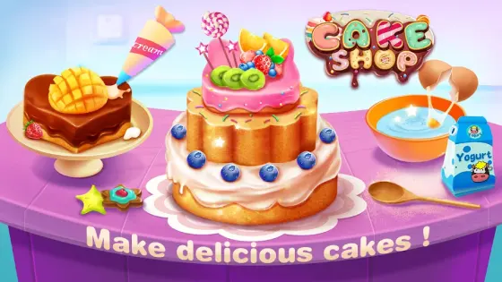 Cake Shop: Bake Boutique multi-tier cake decorating screen with piped cream, fruit toppings and a mixing bowl