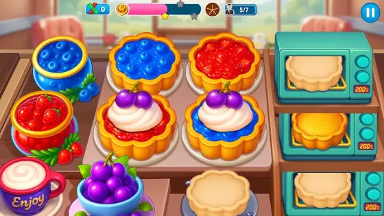 Cake Shop Pastries & Waffles counter with fruit tarts, a row of ovens at 200 degrees, and an order counter reading 5 of 7