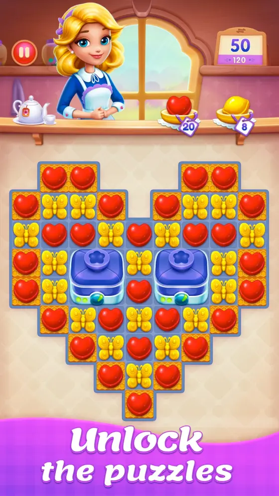 Candy Sweet Legend heart-shaped board with jam-jar obstacles and a tea-shop character behind the counter