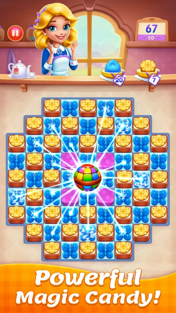 Candy Sweet Legend level select screen with a decorated shop backdrop