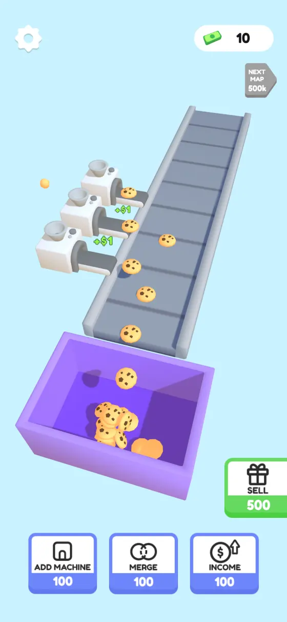 Dessert Factory Idle conveyor belt production line with several machines feeding cookies toward a collection bin