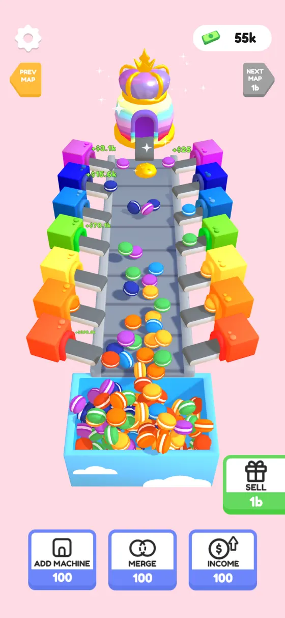 Dessert Factory Idle upper production tier with a crowned finishing station at the top of the conveyor