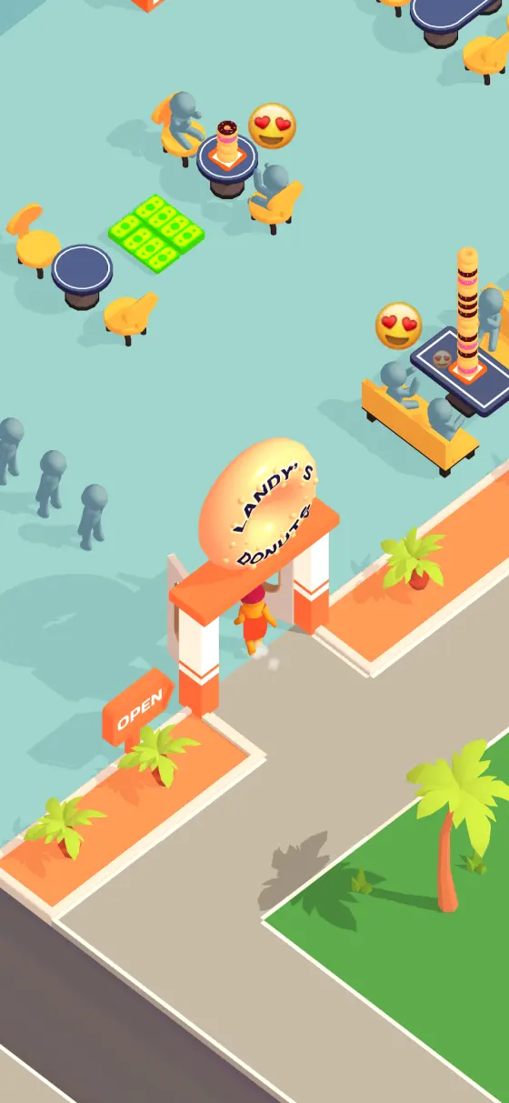 Donut Inc. isometric restaurant floor with a giant donut sign, a customer queue and dining tables
