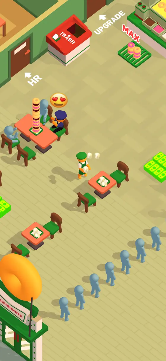 Donut Inc. staff and equipment placement screen on the restaurant floor