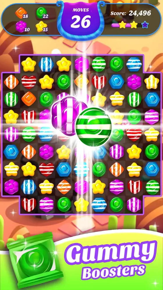 Gummy Candy Blast level screen showing a striped Gummy Booster piece ready to swap in