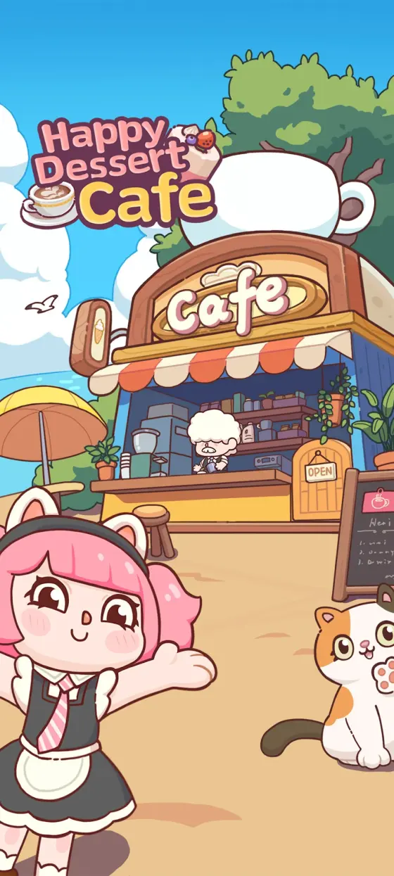 Happy Dessert Cafe beachside storefront with a cat-eared waitress character and an open sign on the door