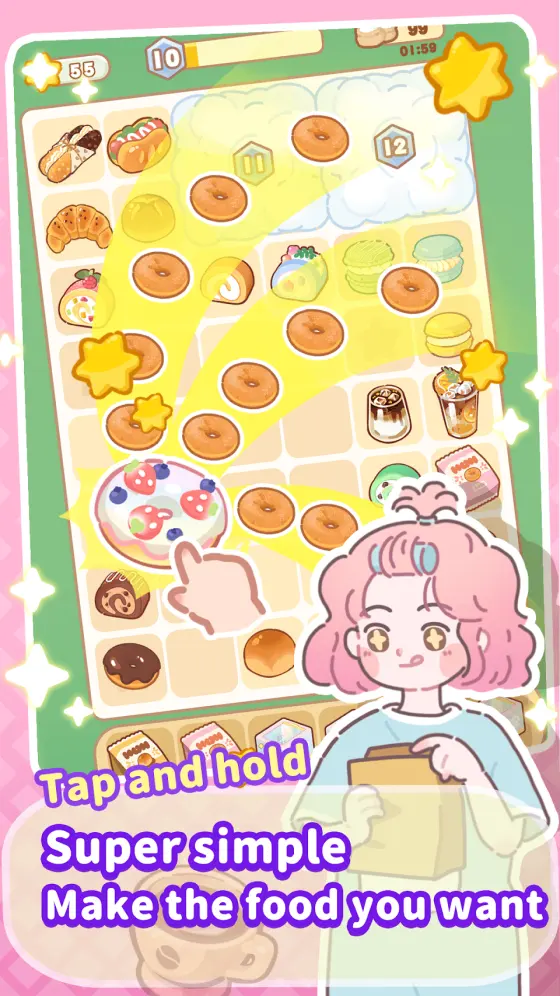 Merge Sweets: Tasty Town grid board with a tap-and-hold chain linking several donut pieces toward a pizza item