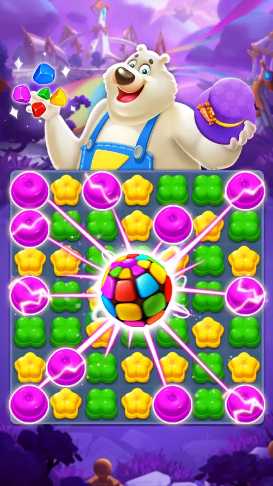 Sweet Candy Match board with a polar bear mascot holding coloured gems above a rainbow disco-ball special piece