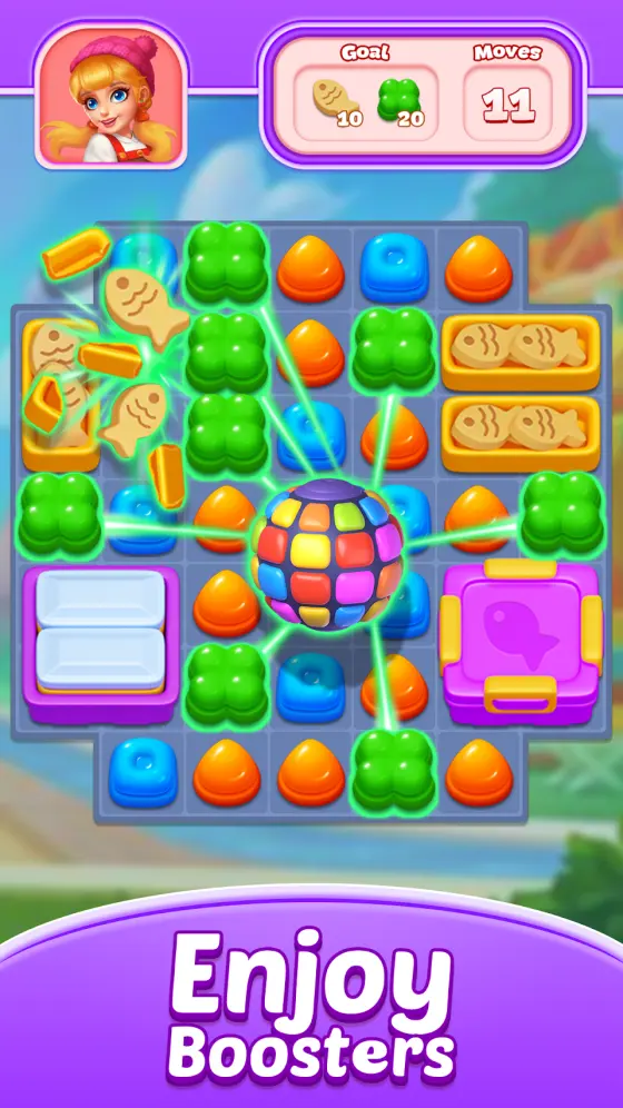 Sweet Candy Puzzle board with a dual goal counter for fish crackers and green candies, plus locked crates on the grid