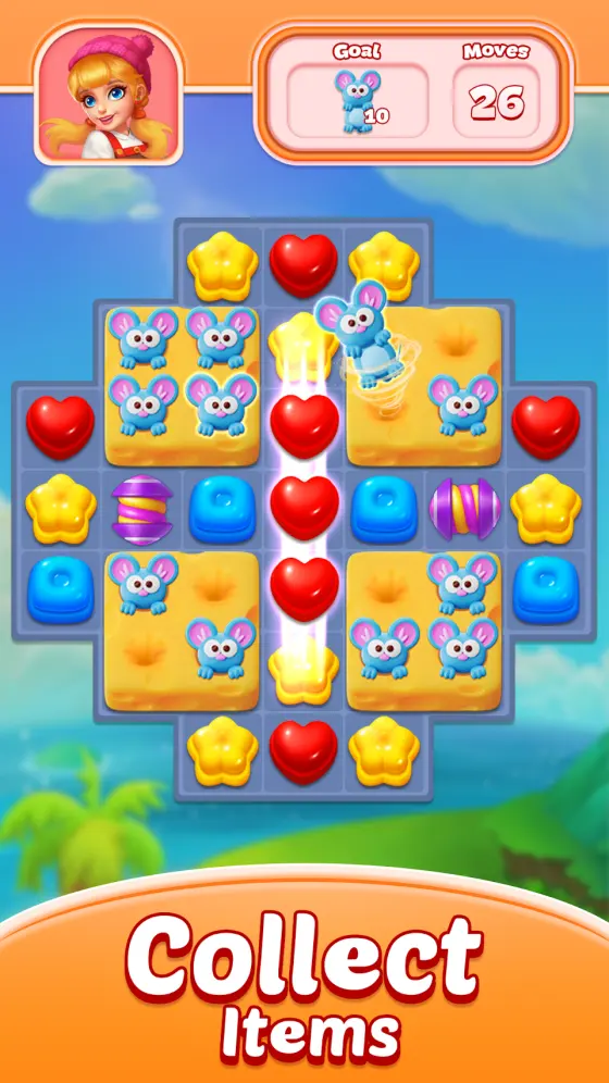 Sweet Candy Puzzle level map screen with a character portrait and level nodes